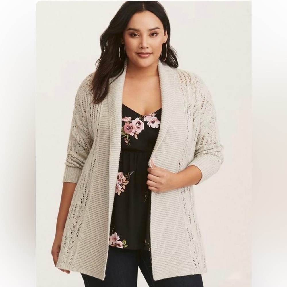 TORRID OATMEAL TAN SHAWL COLLAR OPEN KNIT CARDIGAN OPEN FRONT SWEATER SI…
